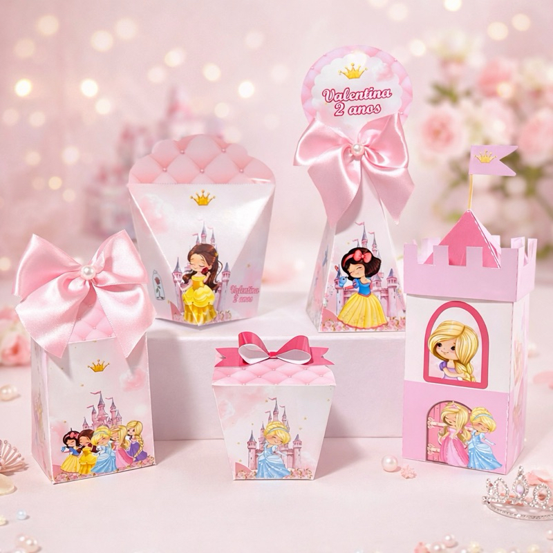 Kit Lembrancinhas Personalizadas Tema Princesas cute + BRINDE | Festa Infantil | Caixas Decoradas com Laço