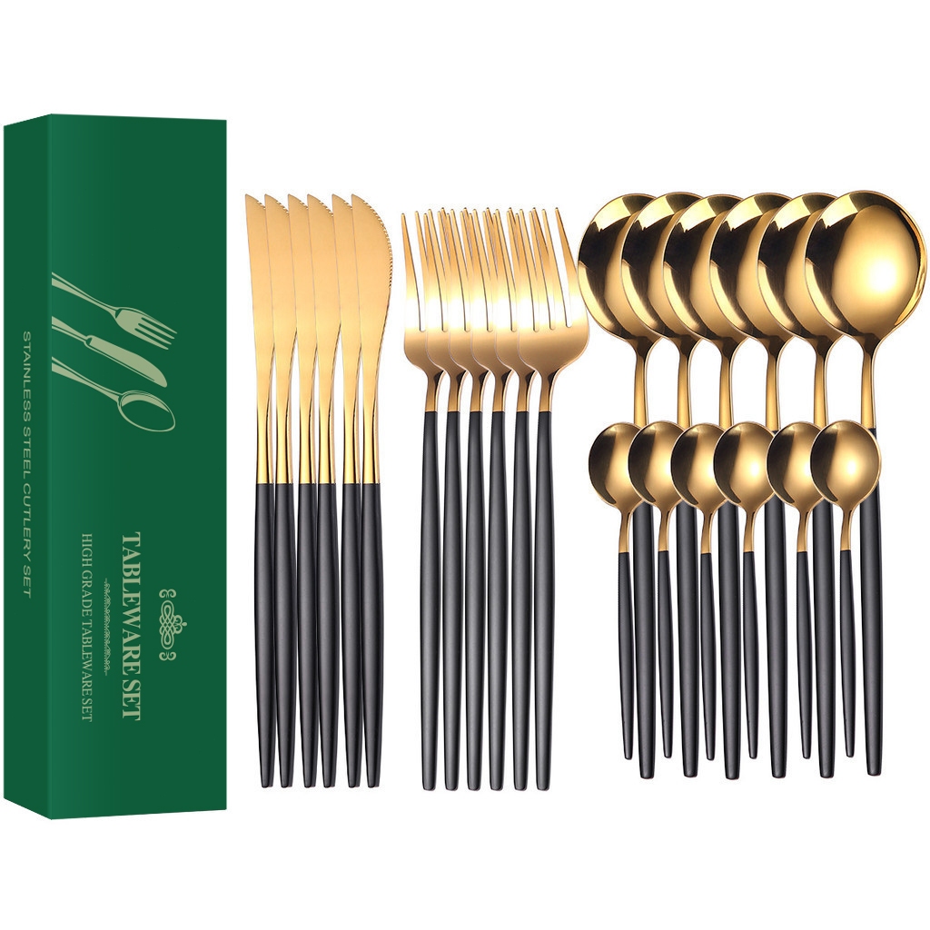 Conjunto de 24 peças de utensílios de mesa de aço inoxidável, ouro preto,material de cozinha em Oferta na Shopee