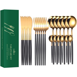 Conjunto de 24 peças de utensílios de mesa de aço inoxidável, ouro preto,material de cozinha em Oferta na Shopee