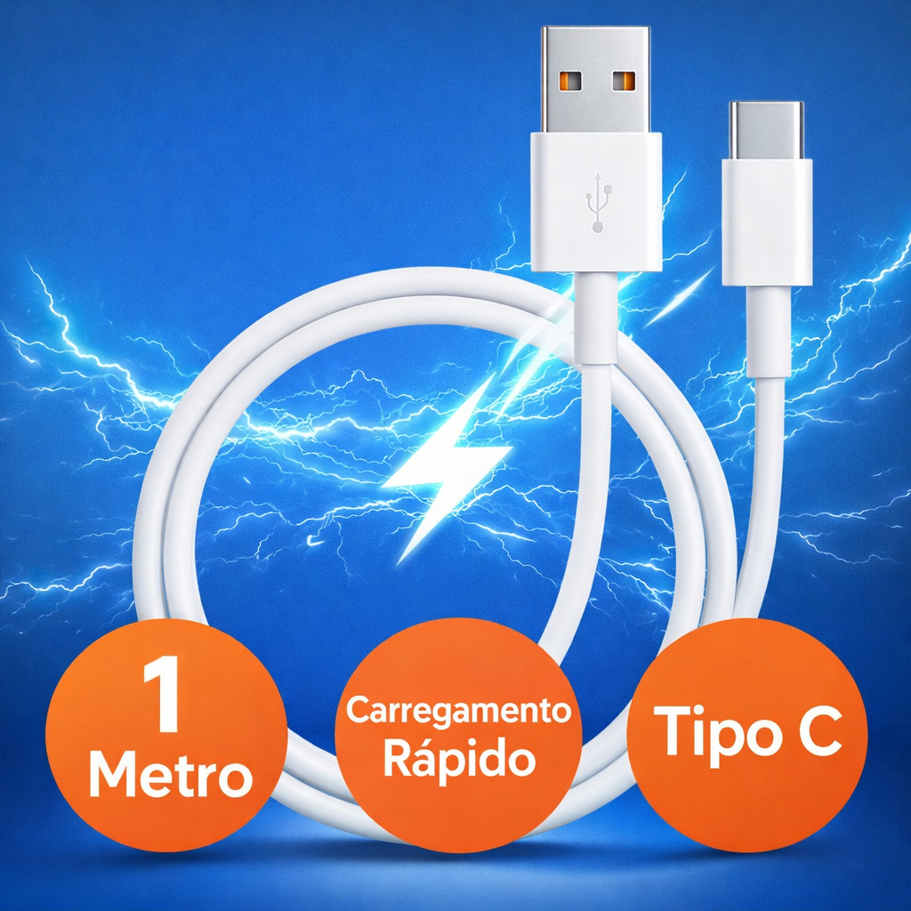 Cabo USB Tipo C Turbo 25W 1m Carregamento Rápido Reforçado Alta Velocidade Android iPhone USB-C
