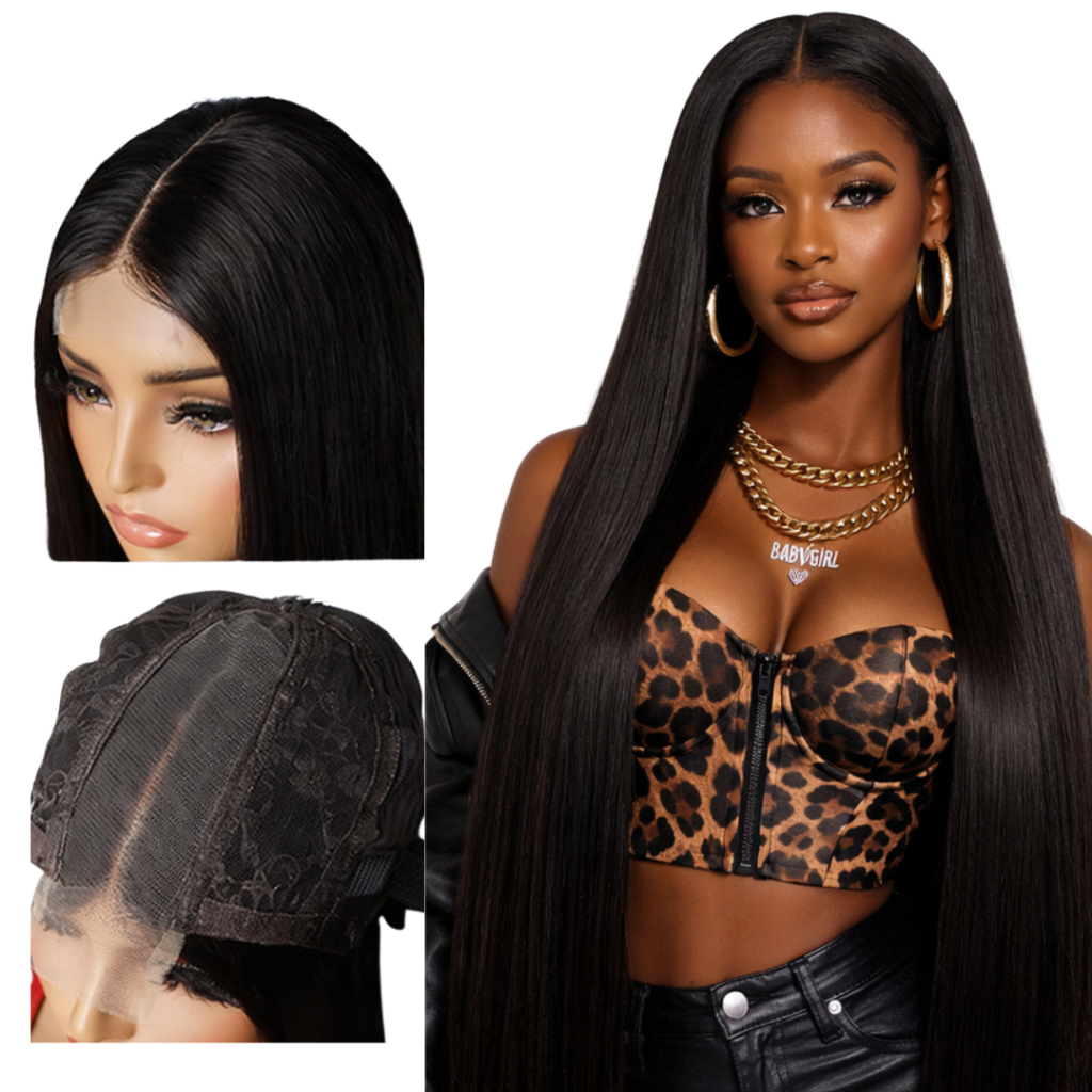 Semi Lace Lisa Repartição Fixa Natural Peruca 80cm Fibra de Colágeno