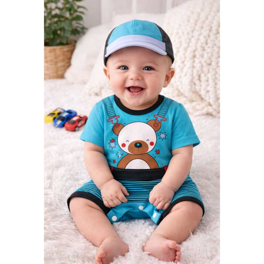 Macacão Curto Urso com Boné Bebê recém nascido Menino Look Fresquinho em Algodão Fofo e Confortável em Oferta na Shopee