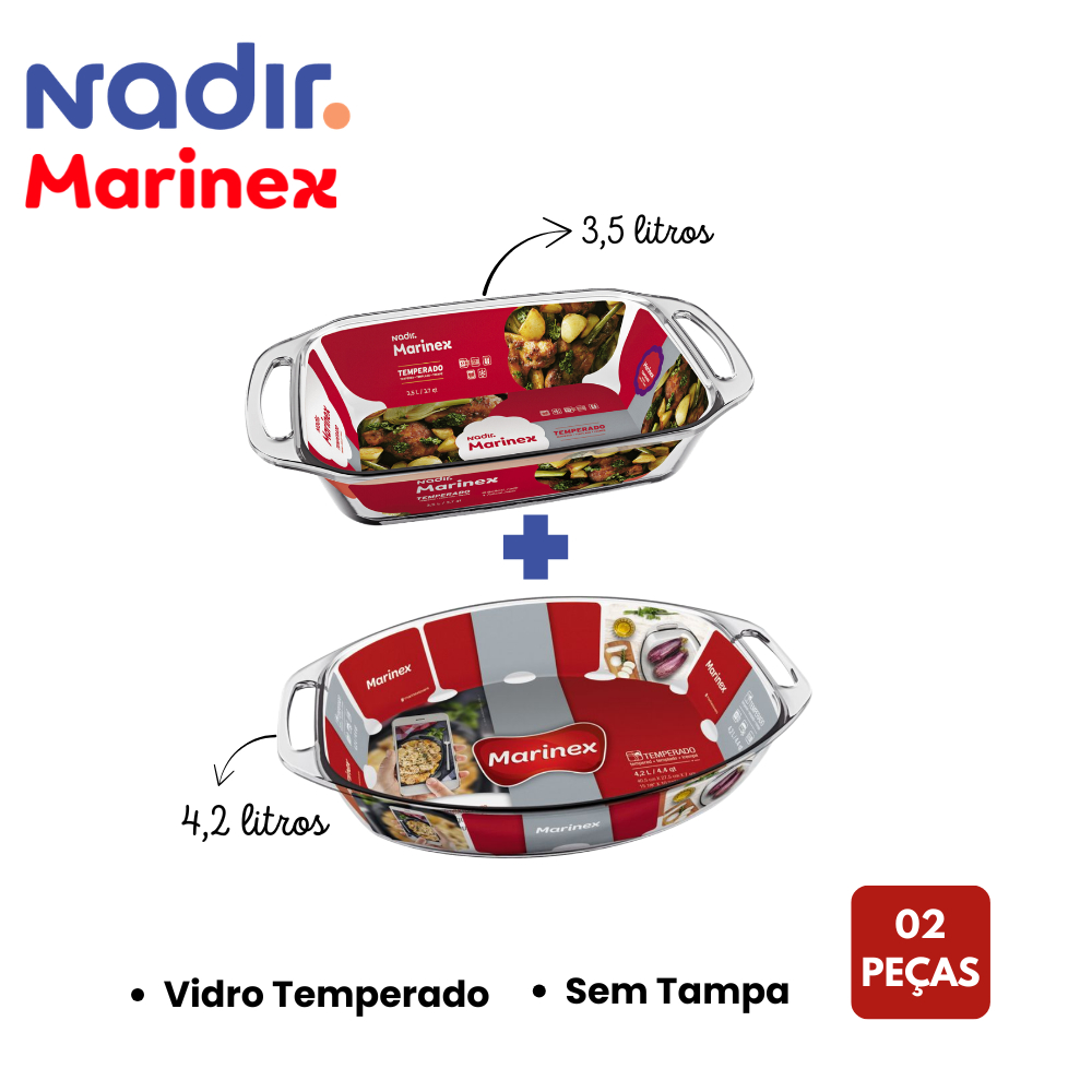 Kit com 02 Assadeiras de Vidro Temperado Sem Tampa 01 Retangular 3,5LT + 01 Oval 4,2 Seletta Marinex