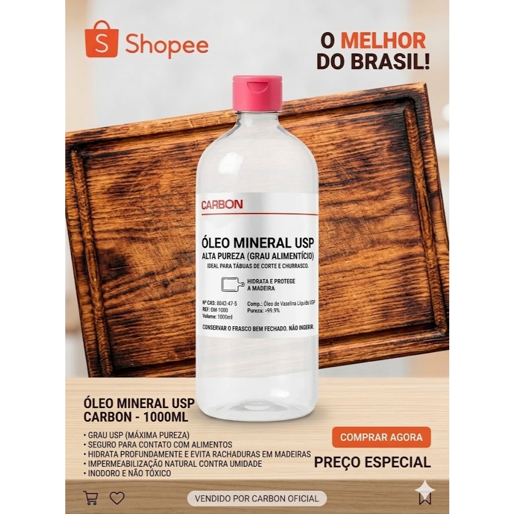 Oleo Mineral Grau Usp para Selar e hidratar Tabua De corte Carne Churrasco 1 Litro