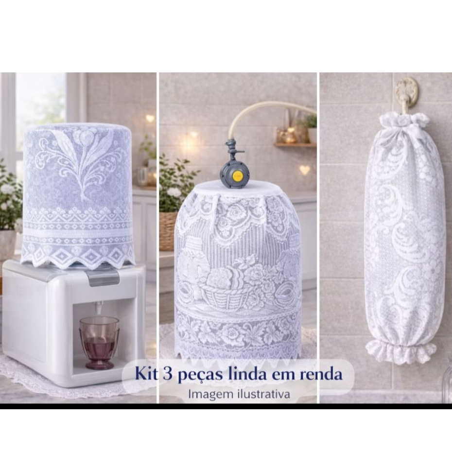 Kit 3 Peças linda em Renda Galão 20L + Capa Gás + Puxa saco