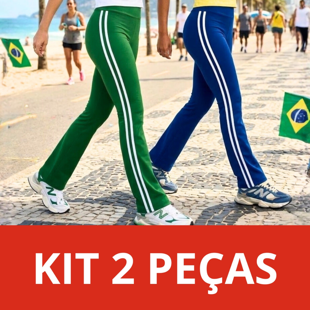 Kit 2 Calça Feminina Flare Copa do Mundo Bailarina com Listras Laterais