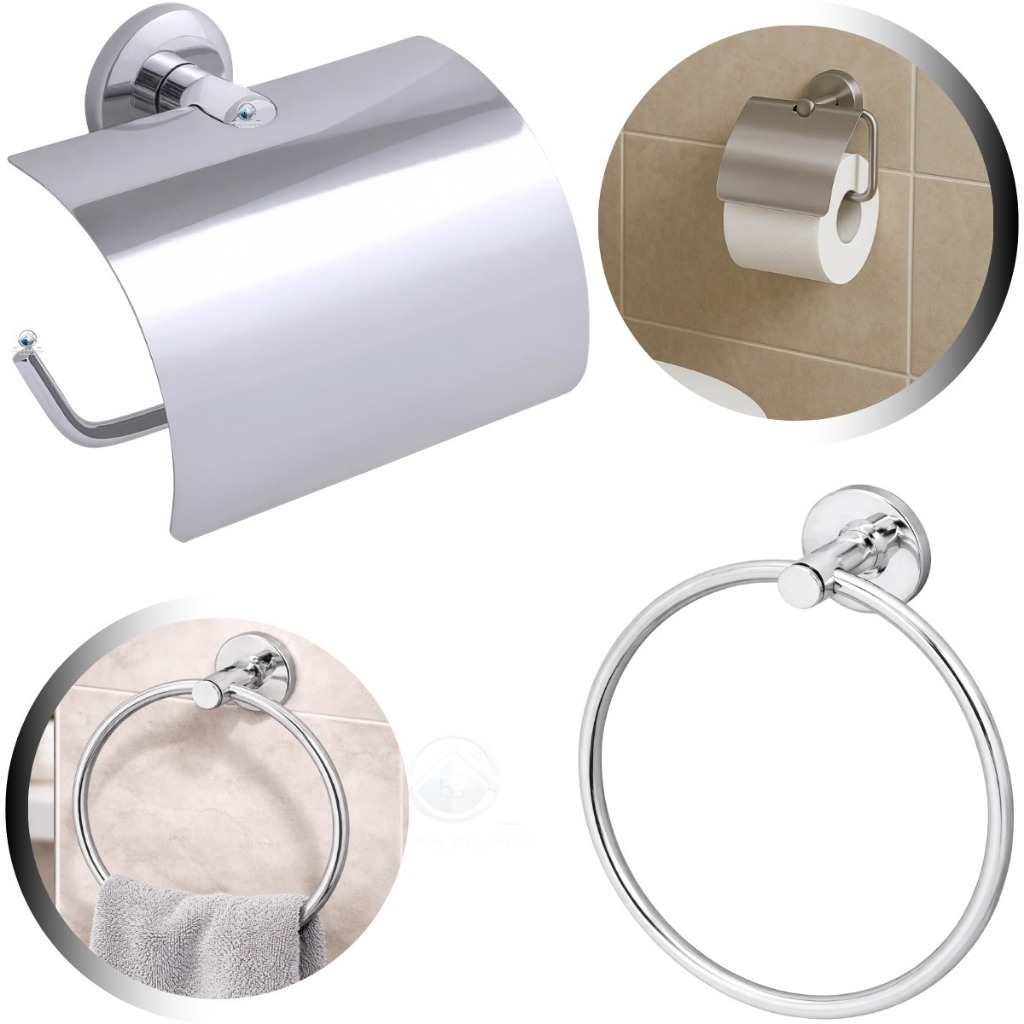 Kit Banheiro Porta Toalha Rosto Argola + Papeleira Com Tampa Inox Cromado Acessórios Parede
