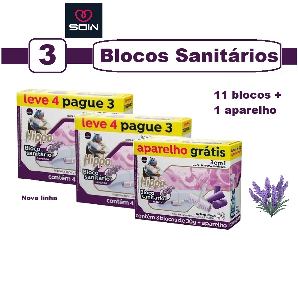 KIT 3 Caixas de blocos sanitários Hippo Refil - 11 blocos + 1 cesto