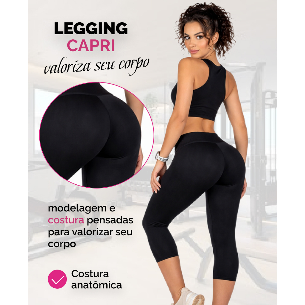 Calça Legging Capri Algodão Modeladora Roupa De Academia Cintura Alta Zero Transparência