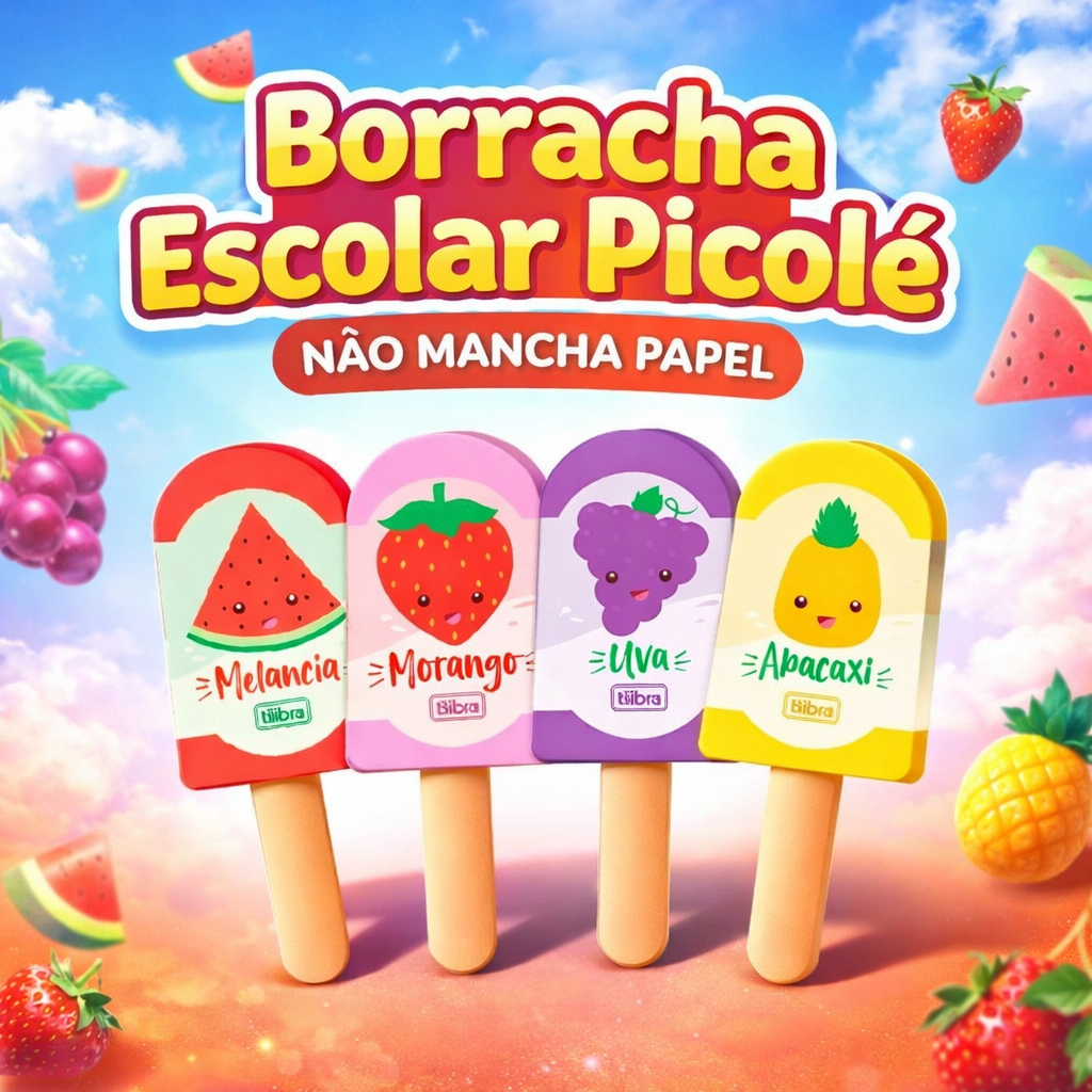 Borracha Escolar Picolé Frutas Tilibra Macia Não Mancha Papel Apagar Lápis Infantil Material Escolar Criativo