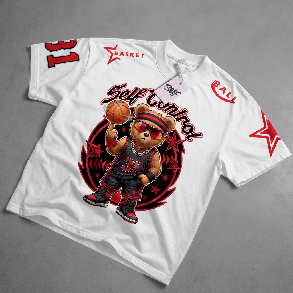 Camiseta Oversized Self Control Basket Ball Urso Ted Street Bear Style Camisa Urban Swag