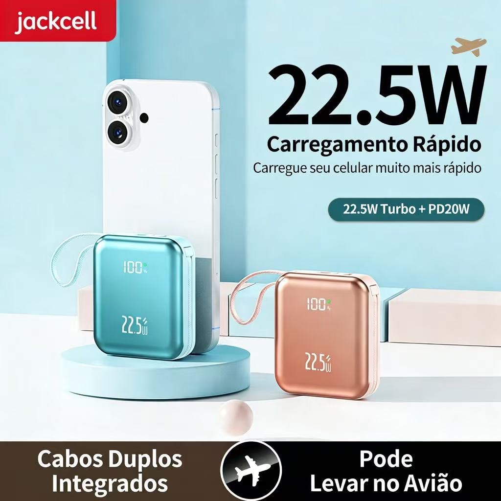 Carregador Portátil Para Celular De 20000mAh-Power Bank PD 22.5W Com Carregamento Rápido E Cabos Integrados