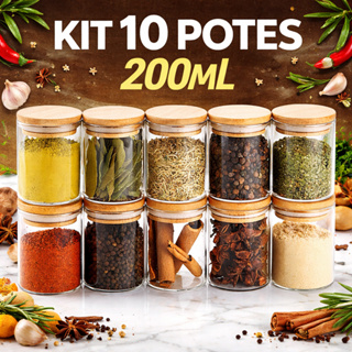 Conjunto 10 Potes Vidro Hermético 200ml Tampa De Bambu Cor Natural em Oferta na Shopee