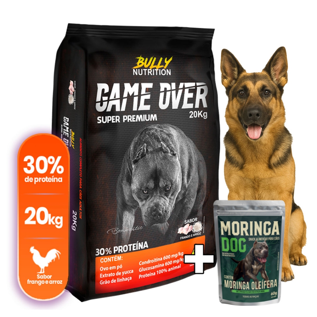 Ração Para Cachorro Pastor Alemão Game Over 20Kg  + Ganhe Moringa Dog 60g + Moringa Dog 60g