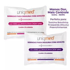 Seringa 30UI para Toxina Tirzep. 0,3mL Ultrafina c/ Agulha Fixa 30G / 31G Uniqmed