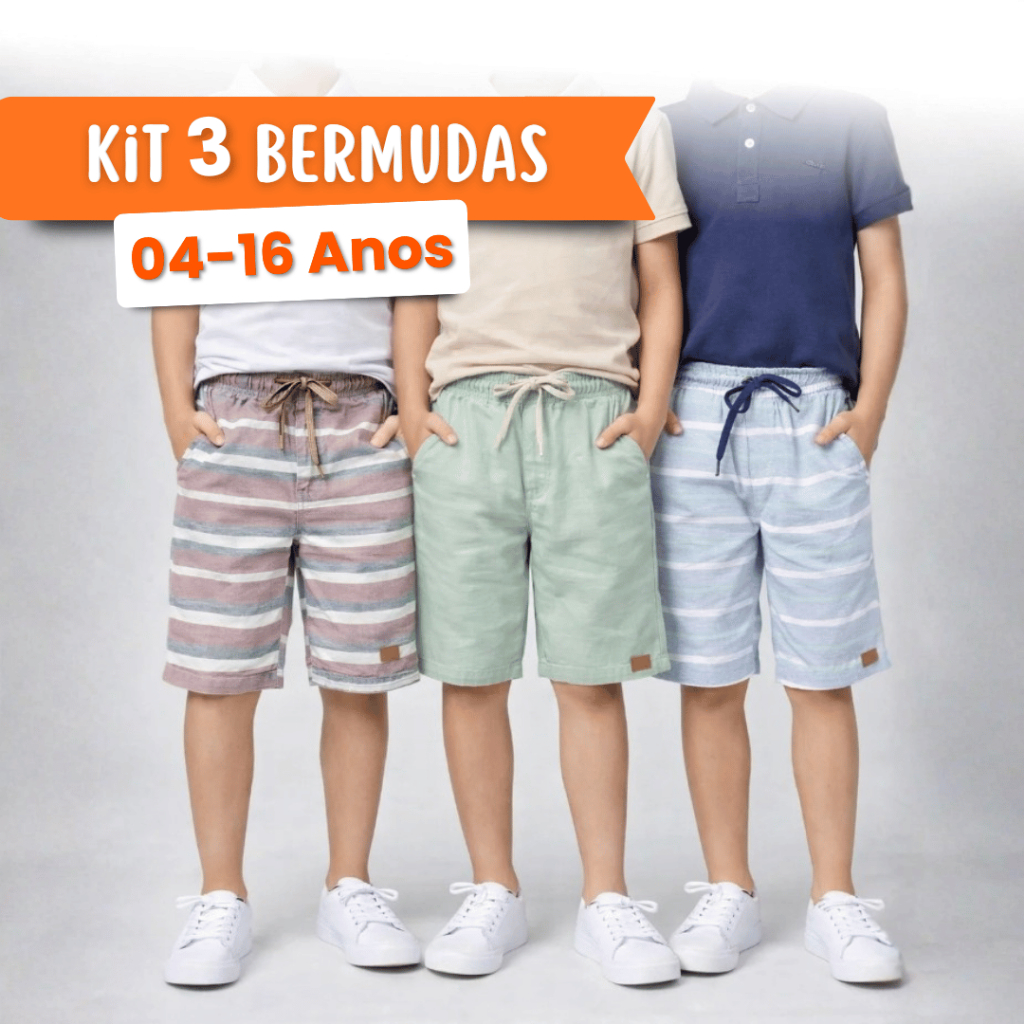 Kit 3 Bermudas Infantis Menino Linho Algodão Atacado 4 6 8 10 12 14 16 Anos Confortável Promoção