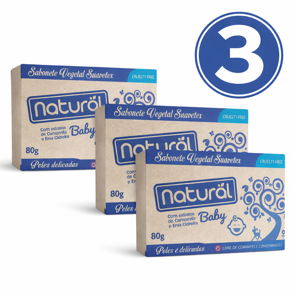 Kit 3 Sabonete em Barra Natural Baby - Extrato de Camomila e Erva Cidreira 80g