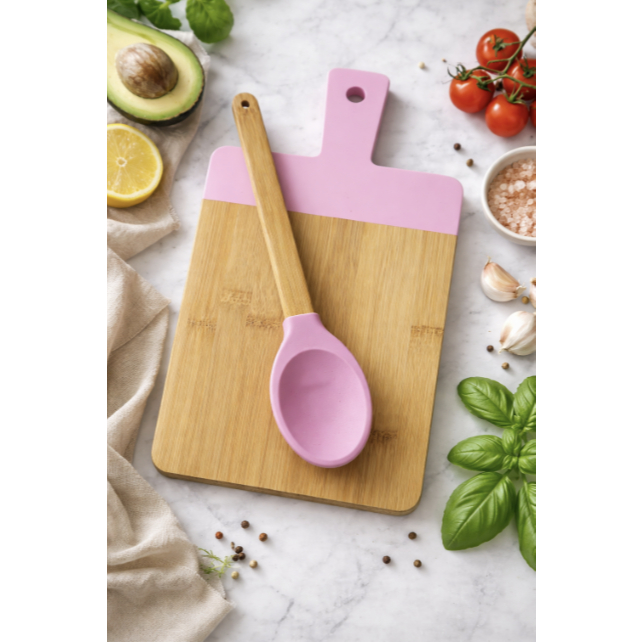 Kit Tábua de Corte com Alça Rosa + Colher Bambu e Silicone CLA0