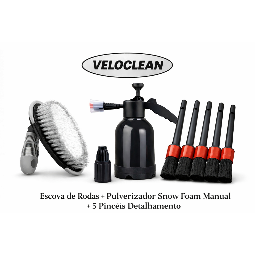 Kit Pulverizador Snow Foam Manual 5 Pinceis Detalhamento Escova de Roda Limpar Pneus