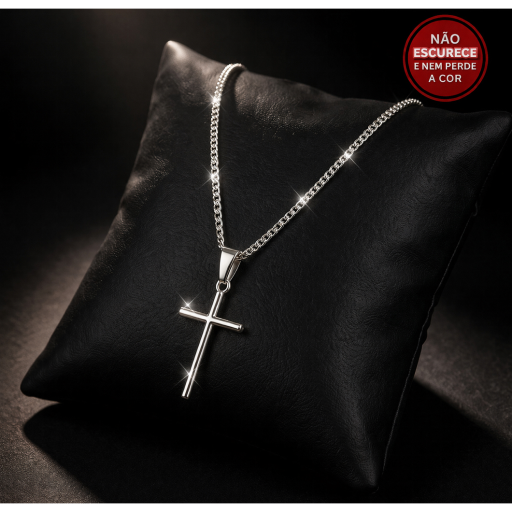 Corrente colar cordão grumet laminada 1,5mm com pingente cruz Premium Banho de prata 50 milésimos (Não Escurece) em Oferta na Shopee