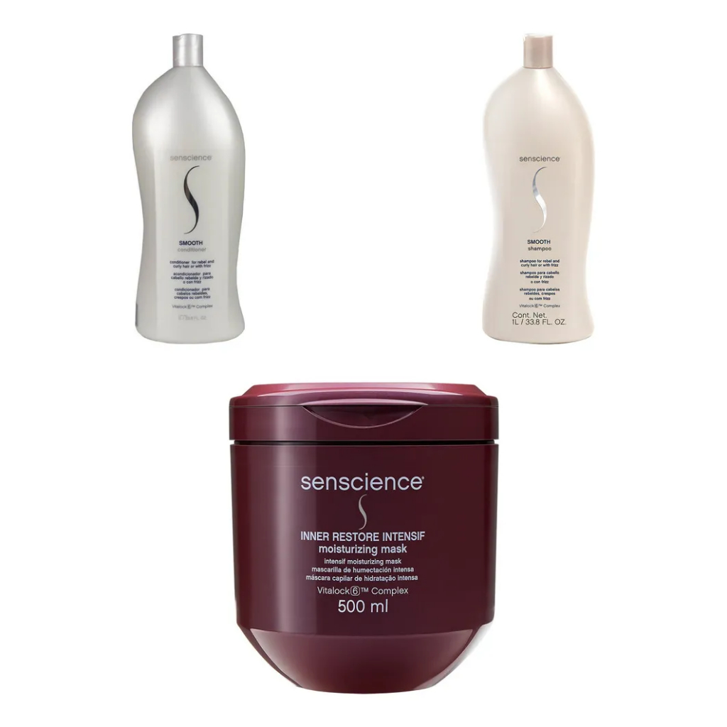 Kit Senscience: Smooth Condicionador 1000ml + Smooth Shampoo 1000ml + Inner Restore Máscara 500ml