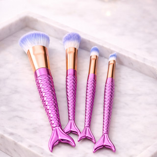 Pincel De Maquiagem Cauda Sereia Kit 4 Pincéis Variados Para Maquiagem Profissional- Cores Variadas