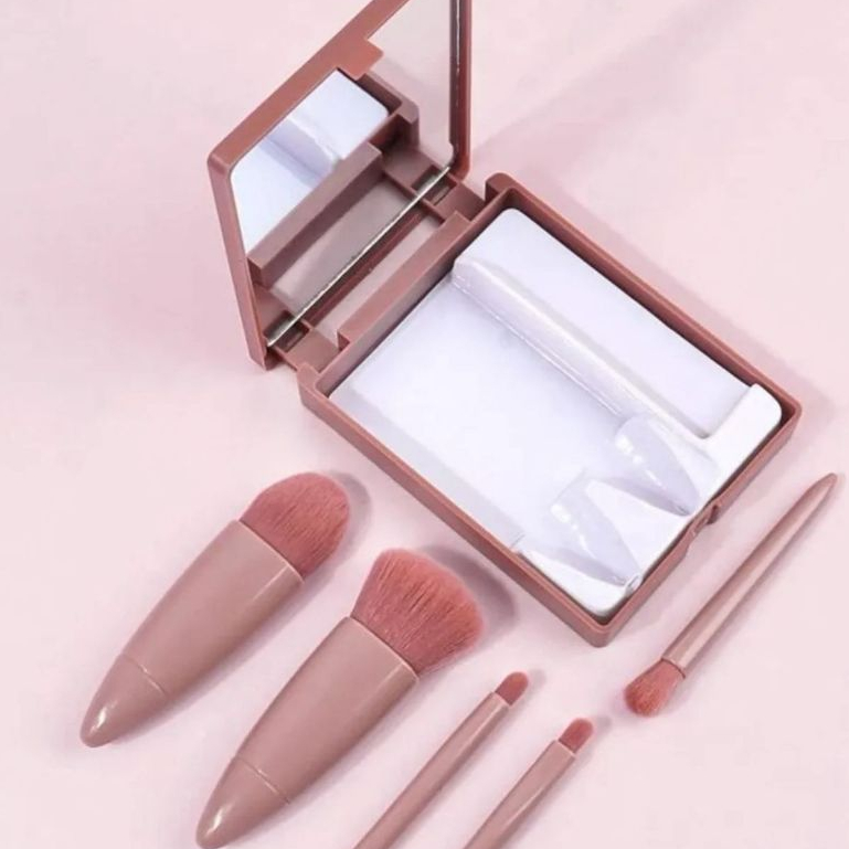 Kit com 5 mini pincéis de maquiagem com espelho