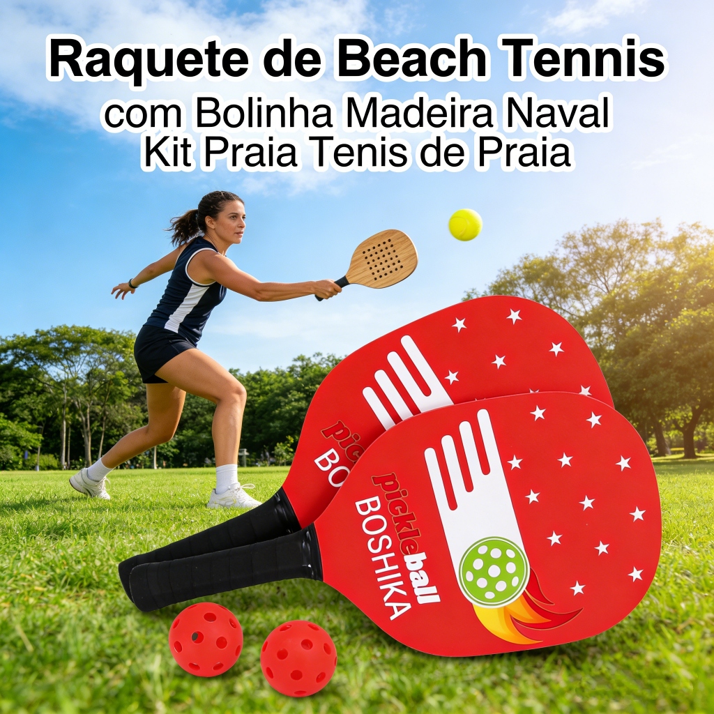 Raquete de Beach Tennis com Bolinha Madeira Naval Kit Praia Tenis de Praia