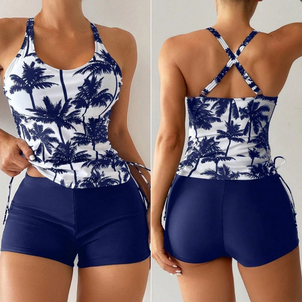 Conjunto de Maiô Feminino Top de Estampa Coqueiro Halter e Shorts Sólidos Para Tankini — imagem 1