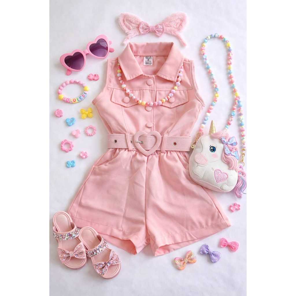 macacão curto infantil Feminino Elegante com cinto tecido alfaitaria premium