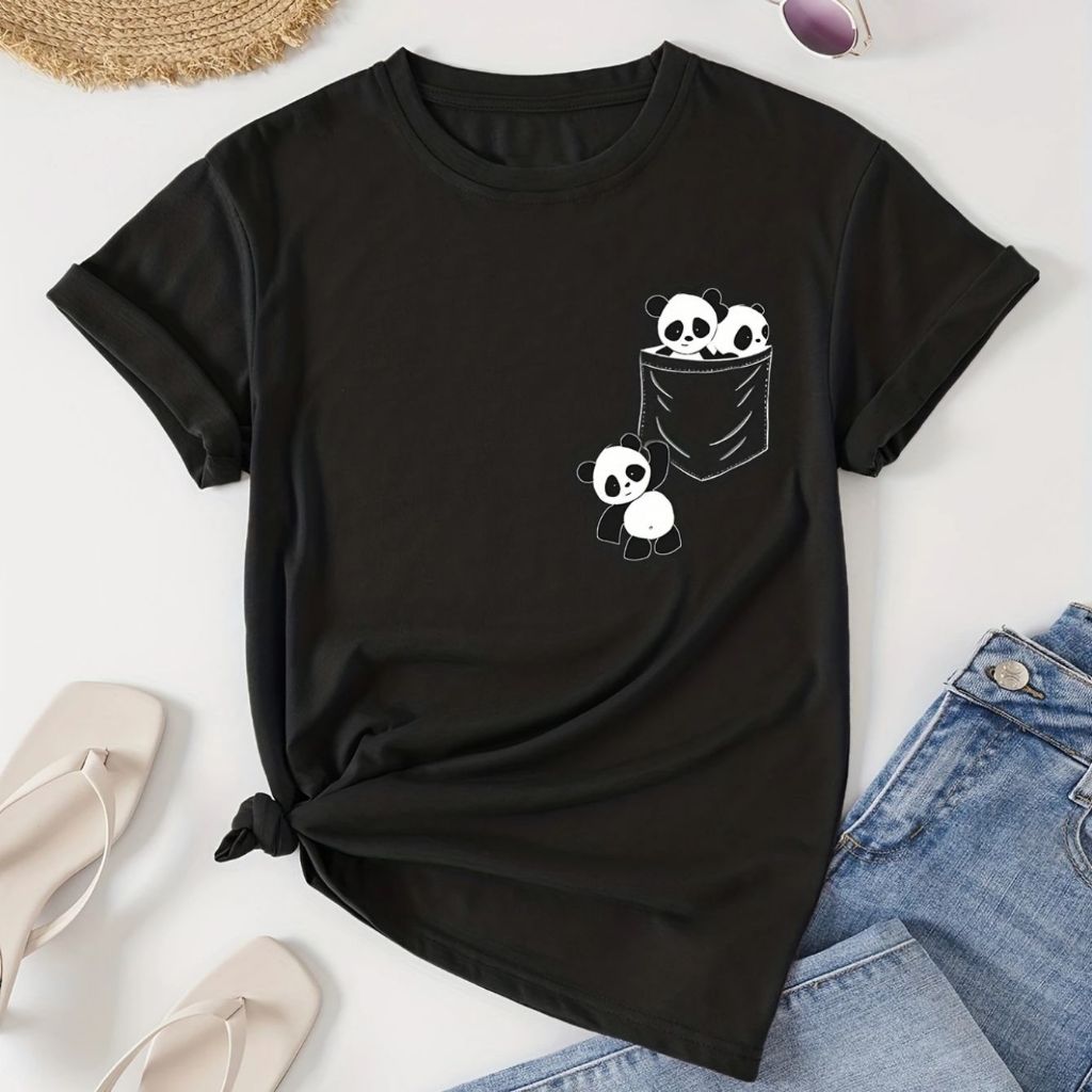 Blusa Feminina Bolso Panda t-shirt Blusinha Básica Manga curta