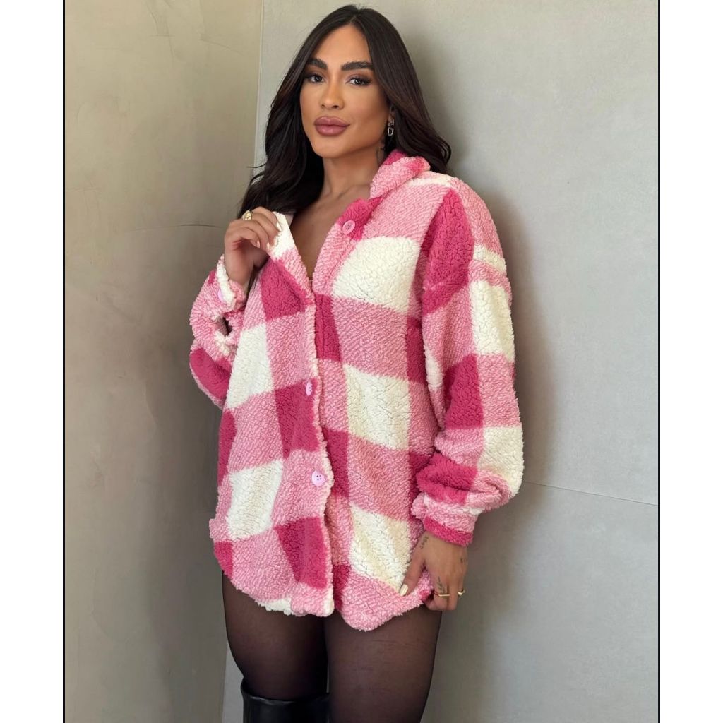 Casaco Teddy Xadrez e Coração Feminino Camisa Feminina de Botão Tecido Fofinho e Quentinho Inverno