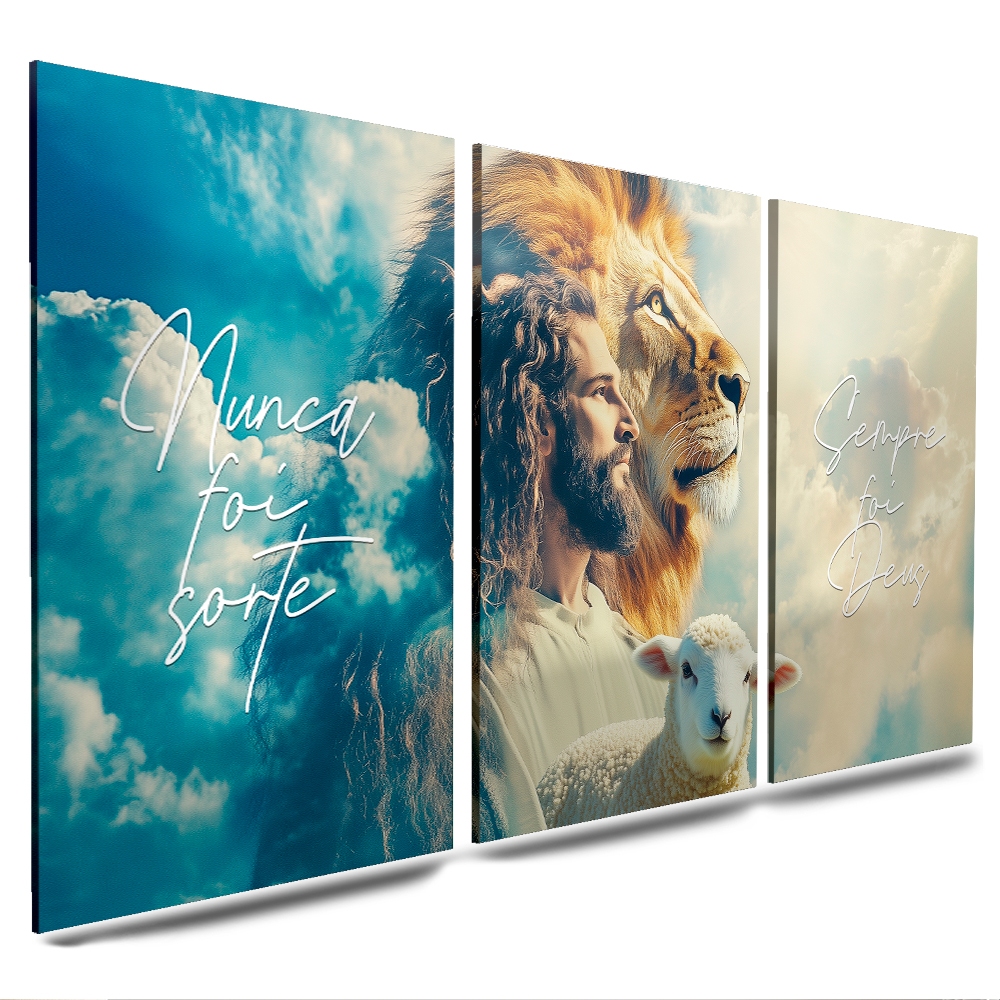 Quadro Decorativo Tríptico Jesus, Leão e Cordeiro – Nunca Foi Sorte Sempre Foi Deus Arte Religiosa MDF