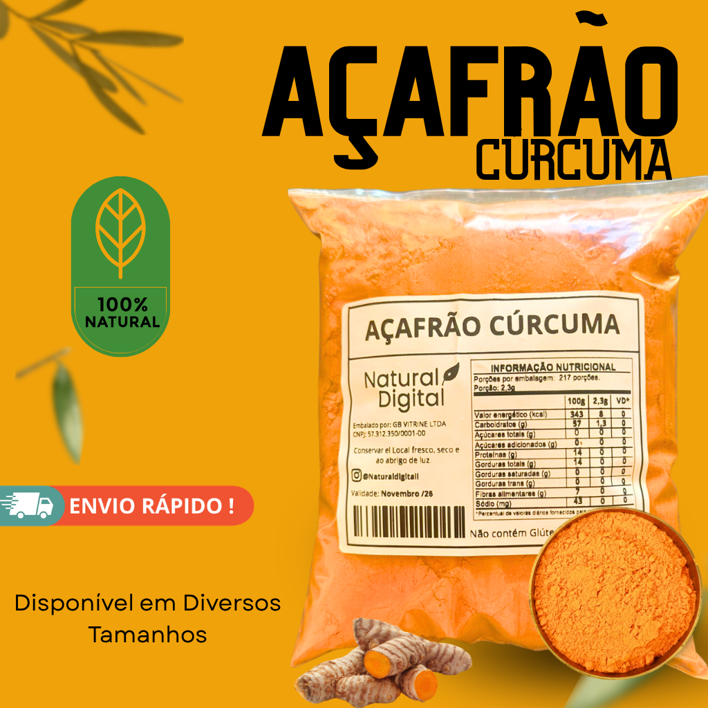 Açafrão Cúrcuma Pó 100% Curcumina Puro – com Laudo