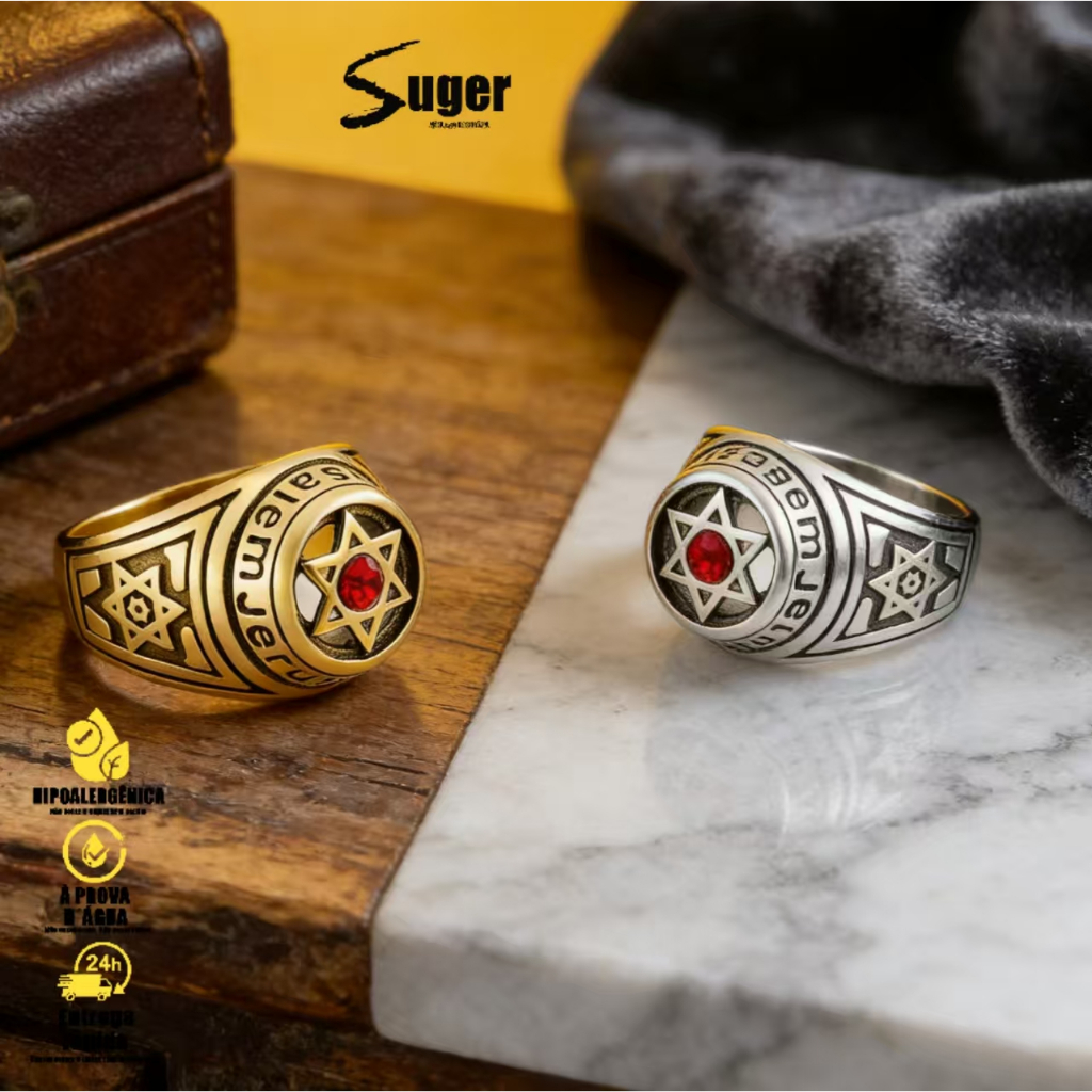 Anel Hexagrama com Zircônia, Bicolor Ouro e Prata, Aço Inoxidável, Design Unissex