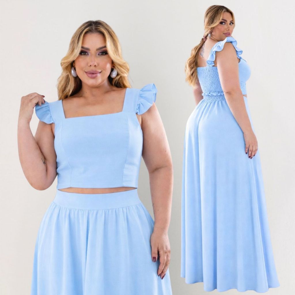 Conjunto plus size moda maior de saia godê longa e cropped de alça babado tecido crepe duna confortável, elegante