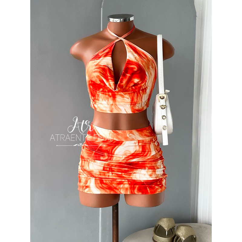 Lançamento conjunto estampado frente única saia e Croped com elastano
