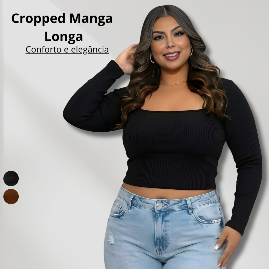 Cropped Feminino Manga Longa Decote Quadrado Plus Size em Oferta na Shopee