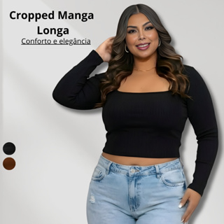 Cropped Feminino Manga Longa Decote Quadrado Plus Size em Oferta na Shopee