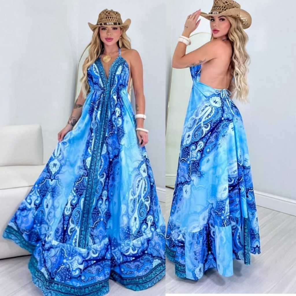 Vestido Indiano Estampado frente Unica costa nua longo