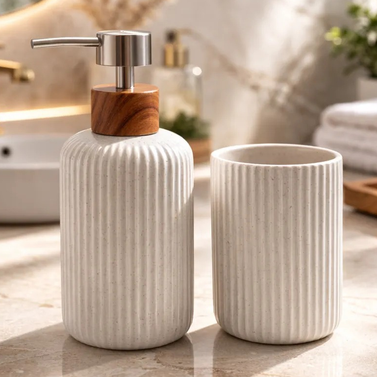 Kit Banheiro Porta Sabonete Liquido e Escova Em Porcelana Premium Elegante e Sofisticado