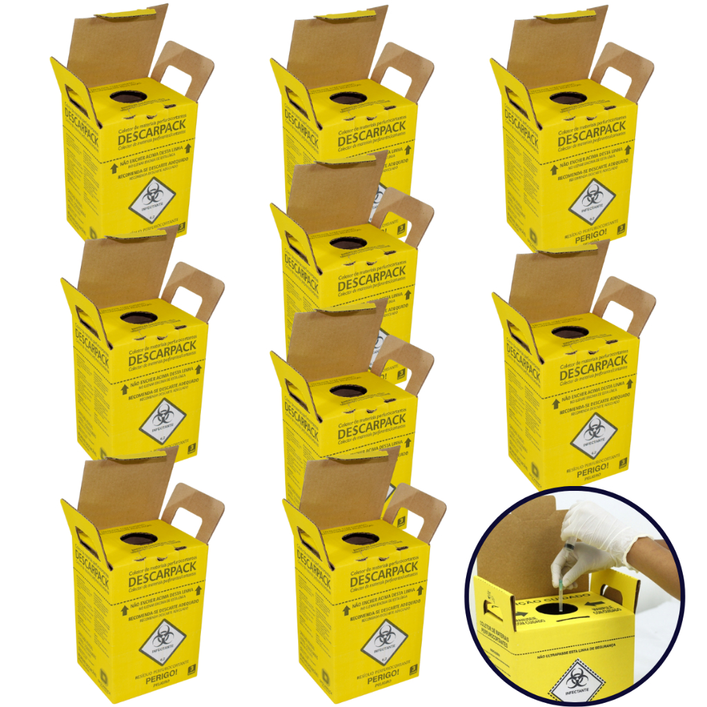 Kit 10 Un Caixa Coletora 3 Litros Descapack Descarte Material Perfurocortante em Oferta na Shopee