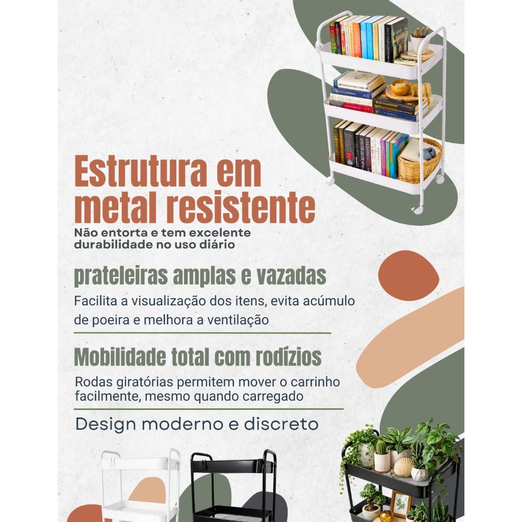 Armário Carrinho Organizador Multiuso Em Metal 3 Prateleiras Com Rodinhas, Cozinha, Banheiro, Lavanderia e Escritório