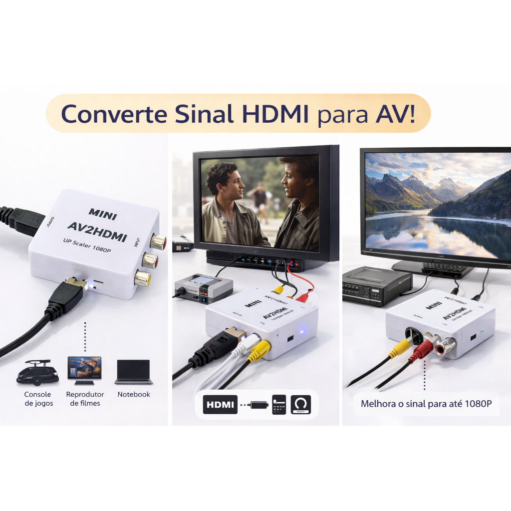 Kit Conversor HDMI para RCA AV + Cabo RCA Adaptador Áudio e Vídeo para TV Antiga DVD e Monitor