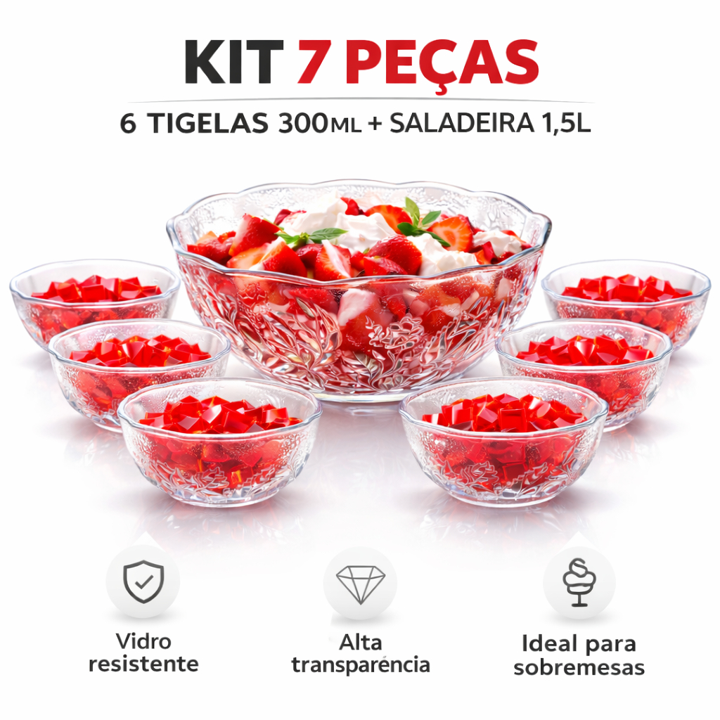 Jogo de taças Sobremesa Bowl 300ml 7 Peças Tigela 1,5L em Vidro Lapidado