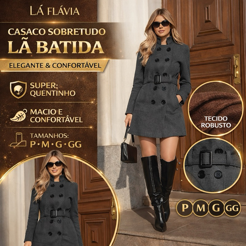 Sobretudo em Tecido Lã Batida Comprido Quente de Inverno - Com Cinto, Bolsos e Botões - P,M,G e GG