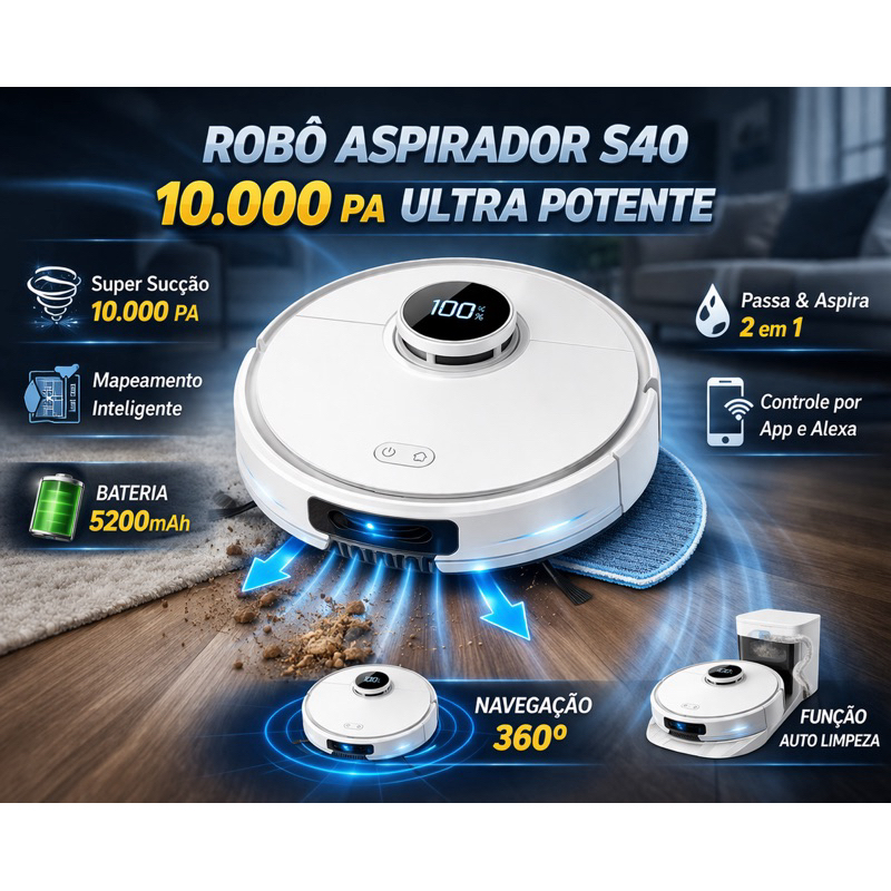 Robô Aspirador Xiaomi Vacuum S40 10.000 PA Laser LDS Bivolt NOVO lacrado PASSA PANO