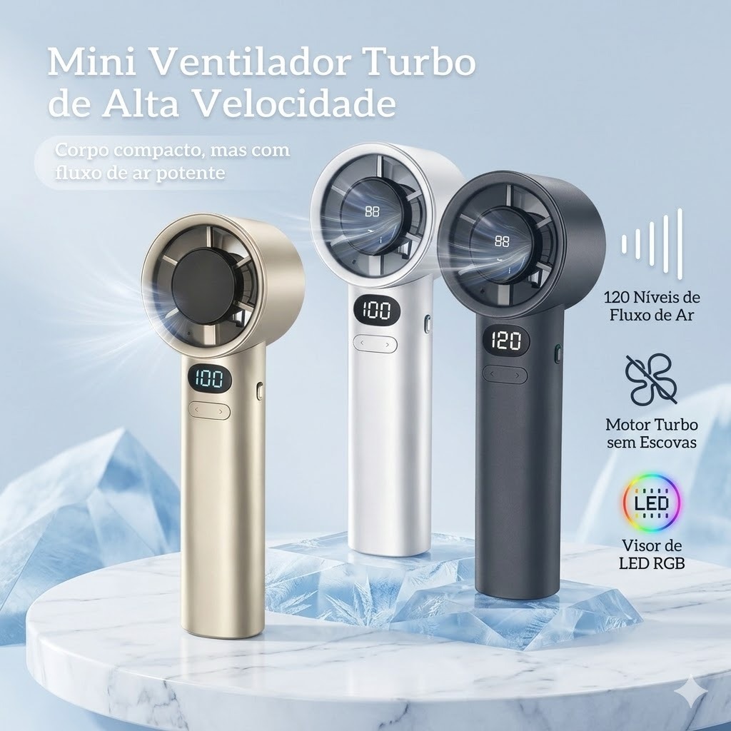 Mini Ventilador Turbo Portátil USB Recarregável 120 Velocidades LED Silencioso Potente