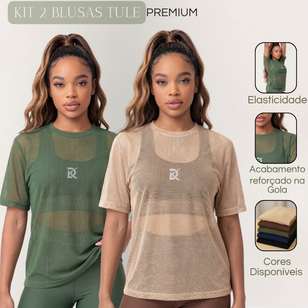Kit 2 Blusa Feminina Transparente de Tule Manga Curta Camiseta Academia Treino