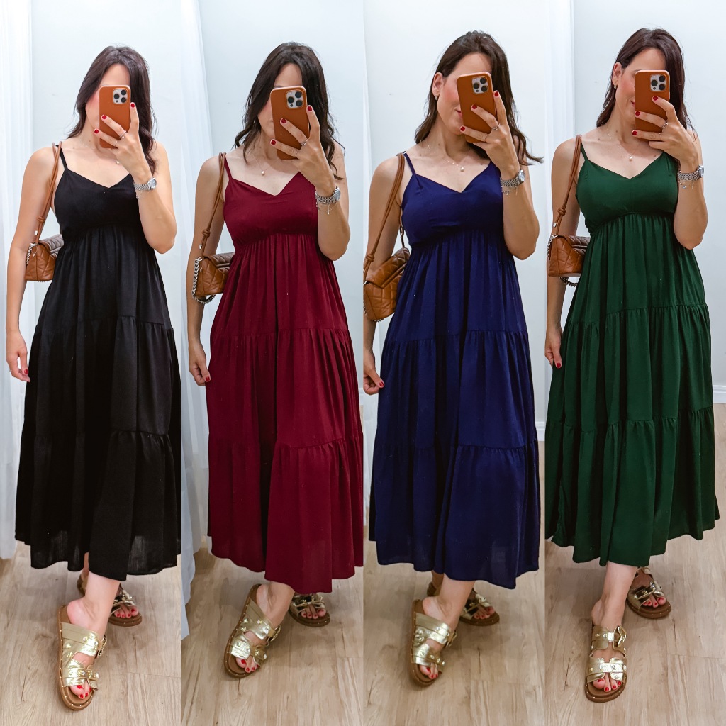 Vestido Longuete 3 Marias Feminino Viscolinho Forrado Alça Regulável Lastex Costas Elegante Confortável Tendência 2026